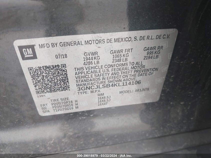 2019 CHEVROLET TRAX 1LT - 03GNCJLSB4KL11410