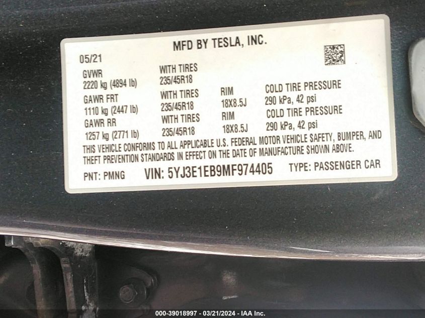 5YJ3E1EB9MF974405 | 2021 TESLA MODEL 3