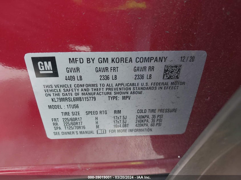 2021 CHEVROLET TRAILBLAZER 1.3L I3 FI DOHC 12V (VIN: KL79MRSL6MB115779