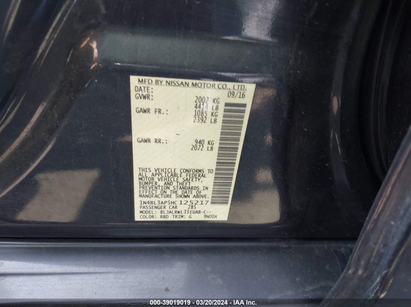 2017 NISSAN ALTIMA 3.5SL/3.5 SR - 1N4BL3AP5HC125217