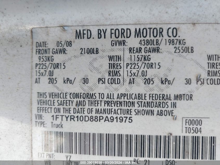 1FTYR10D88PA91975 | 2008 FORD RANGER