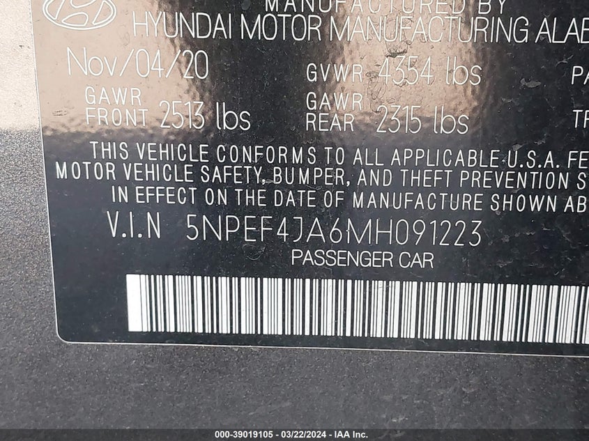 VIN 5NPEF4JA6MH091223 2021 HYUNDAI SONATA SEL