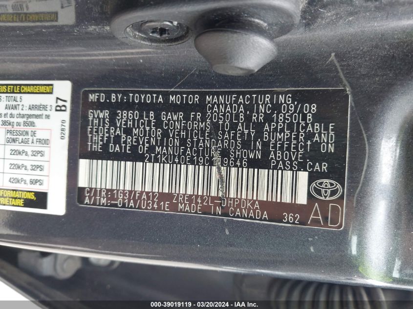 2T1KU40E19C119646 2009 Toyota Matrix