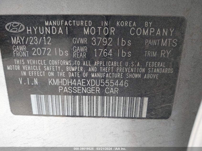 KMHDH4AEXDU555446 | 2013 HYUNDAI ELANTRA