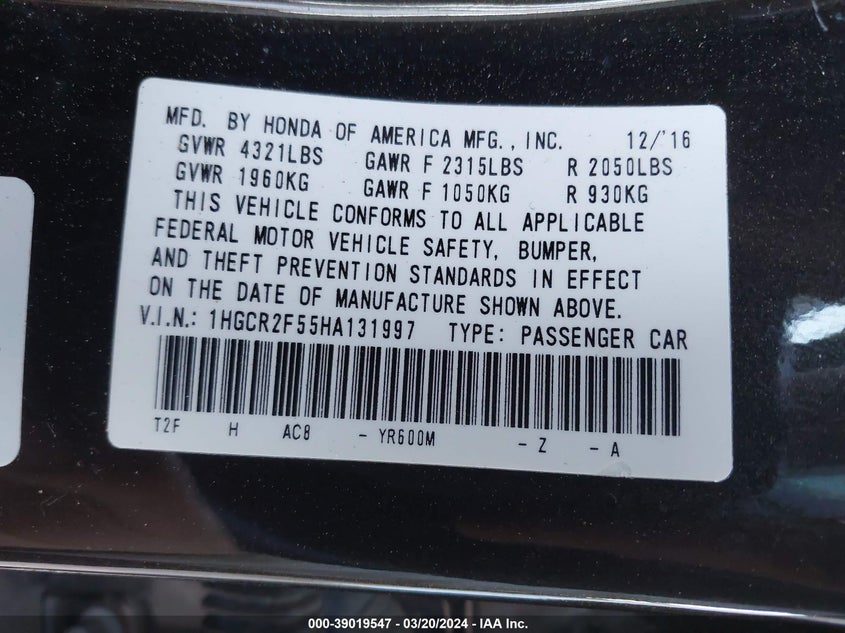 2017 HONDA ACCORD VIN: 1HGCR2F55HA131997