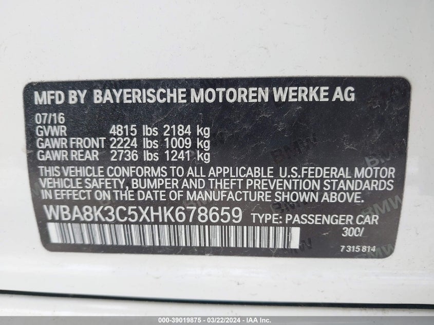 2017 BMW 330I XDRIVE - WBA8K3C5XHK678659