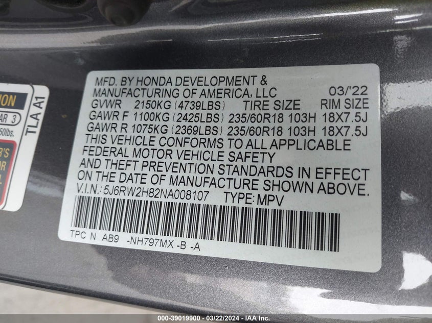 2022 HONDA CR-V EXL - 5J6RW2H82NA008107