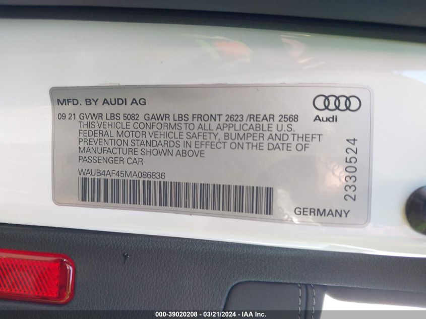 2021 Audi S4 Premium Plus Tfsi Quattro Tiptronic VIN: WAUB4AF45MA086836 Lot: 39020208