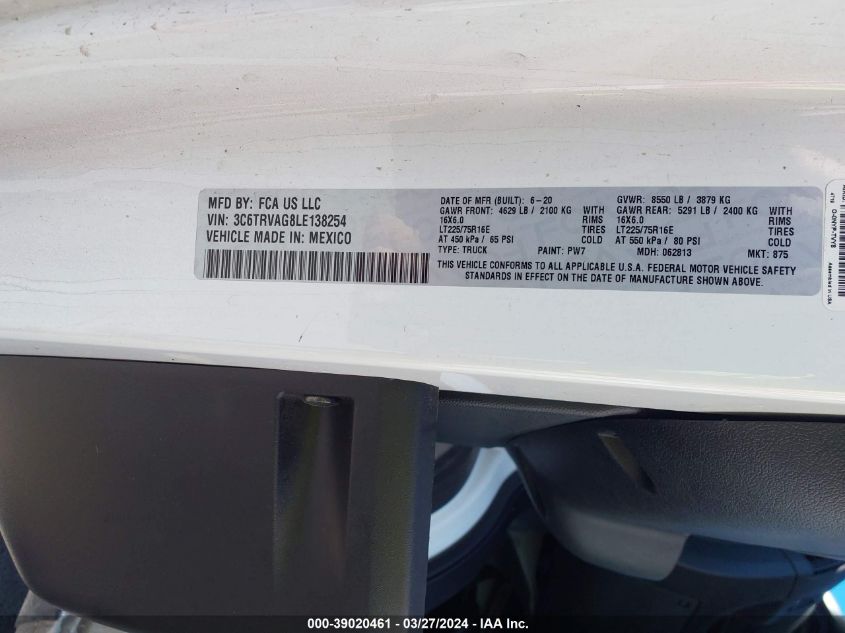 2020 Ram Promaster 1500 Low Roof 136 Wb VIN: 3C6TRVAG8LE138254 Lot: 39020461