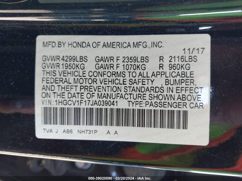 1HGCV1F17JA039041 | 2018 HONDA ACCORD