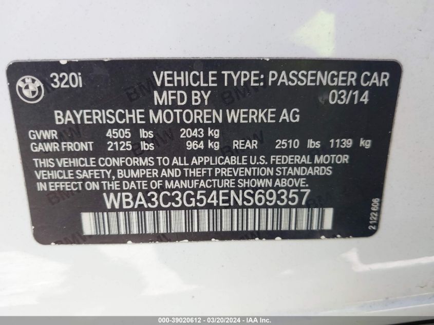 WBA3C3G54ENS69357 | 2014 BMW 320I