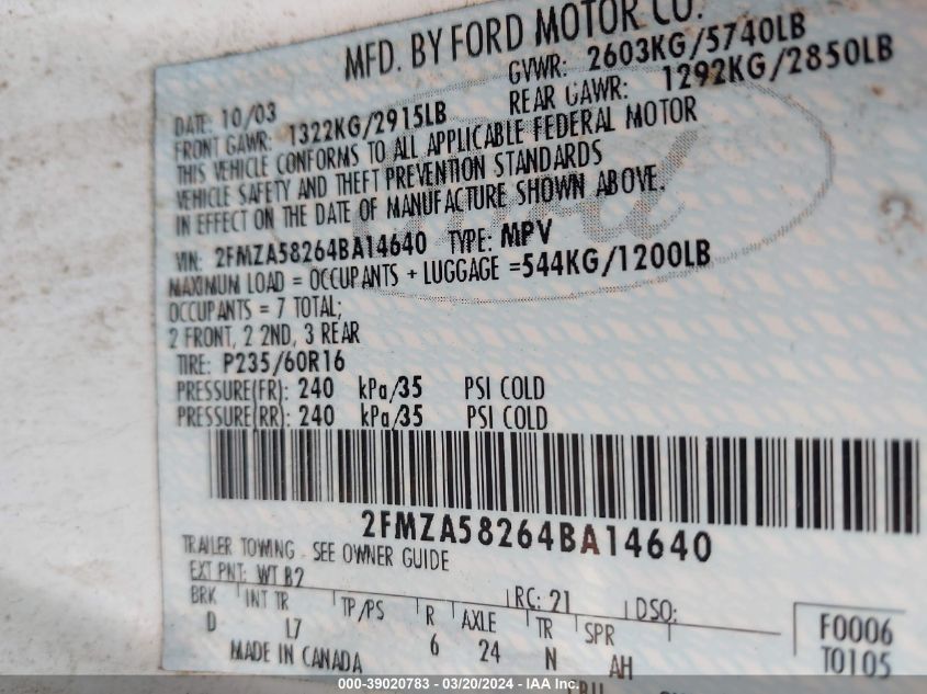 2004 Ford Freestar Limited VIN: 2FMZA58264BA14640 Lot: 39020783