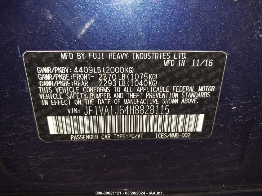 JF1VA1J64H8828115 | 2017 SUBARU WRX