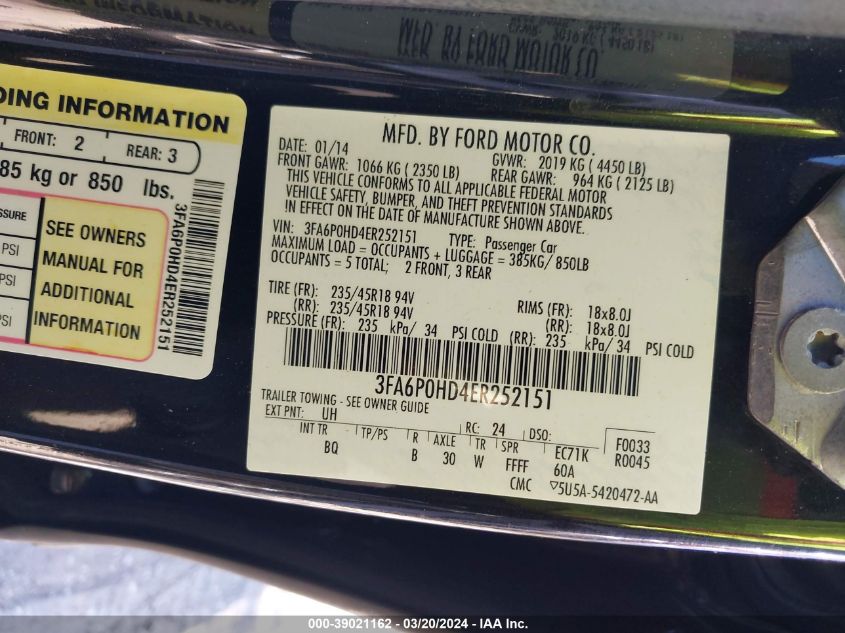 3FA6P0HD4ER252151 | 2014 FORD FUSION