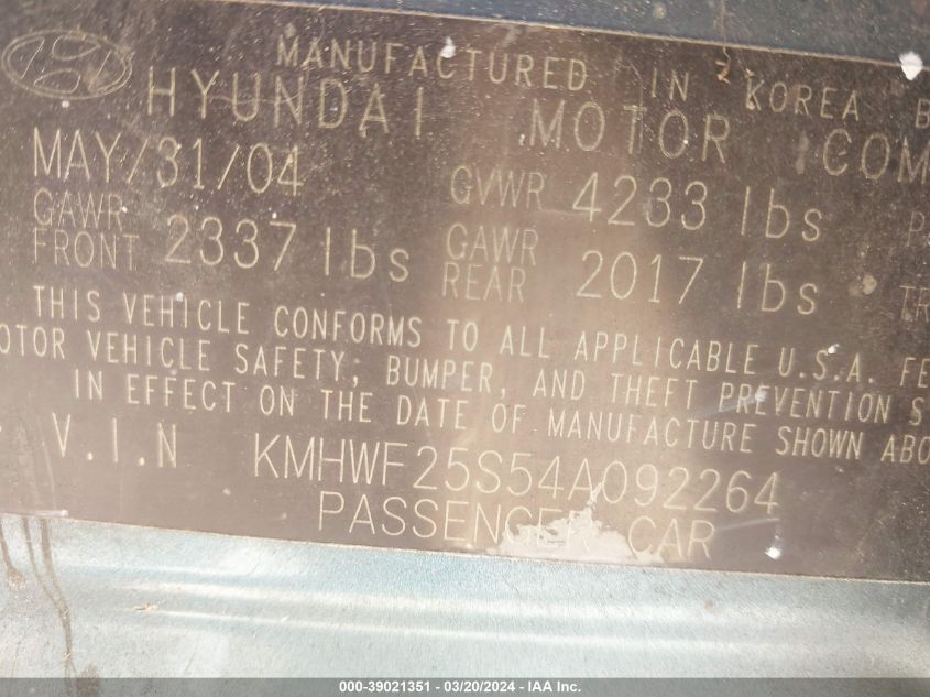 KMHWF25S54A092264 | 2004 HYUNDAI SONATA