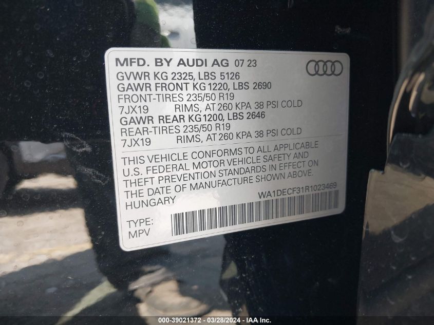 2024 Audi Q3 Premium 45 Tfsi S Line Quattro Tiptronic VIN: WA1DECF31R1023469 Lot: 39021372