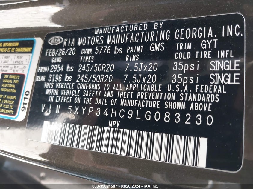 2020 KIA TELLURIDE EX - 5XYP34HC9LG083230