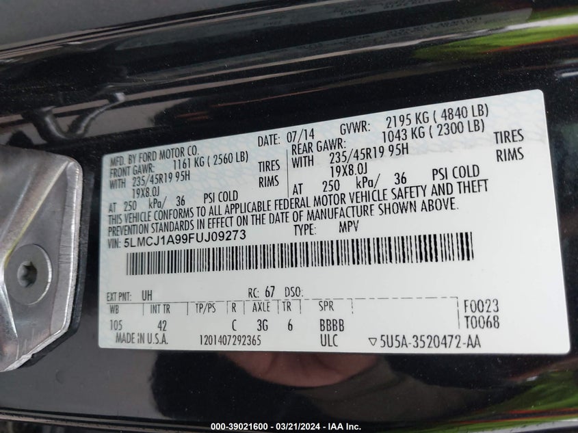 2015 LINCOLN MKC - 5LMCJ1A99FUJ09273