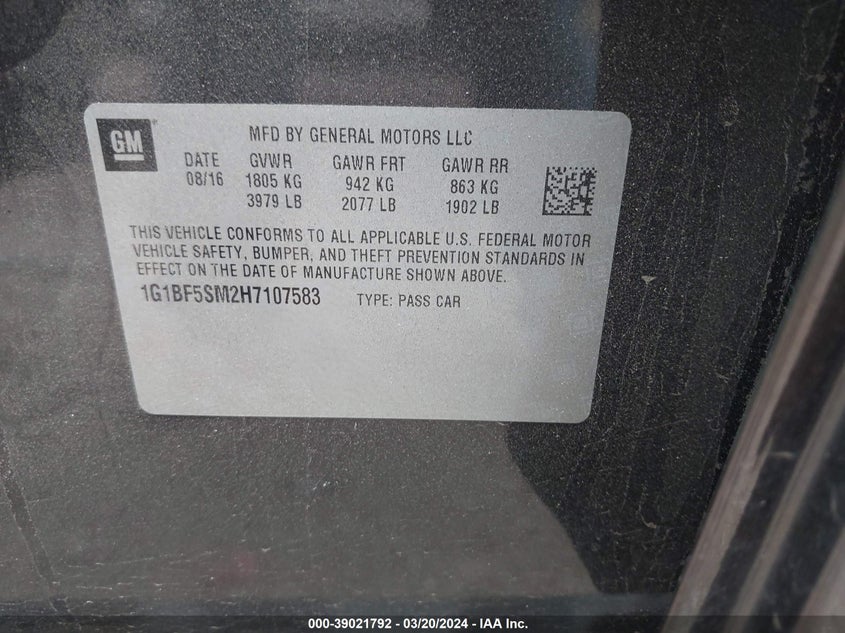 VIN 1G1BF5SM2H7107583 2017 CHEVROLET CRUZE PREMIER AUTO