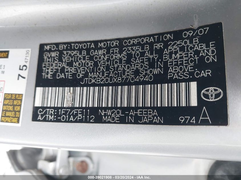 JTDKB20UX87704940 | 2008 TOYOTA PRIUS