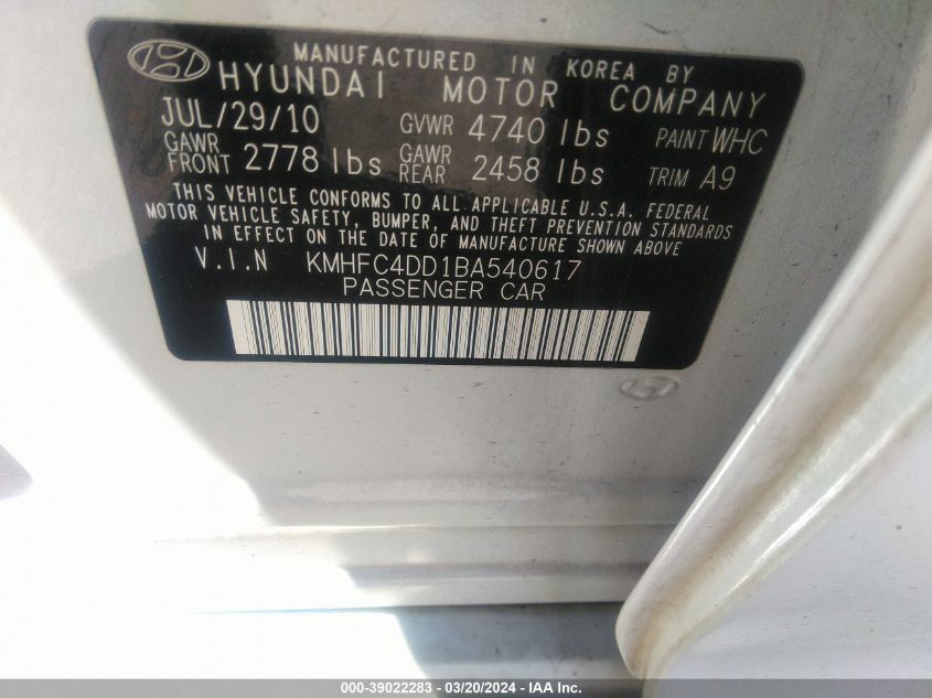 KMHFC4DD1BA540617 2011 Hyundai Azera Gls