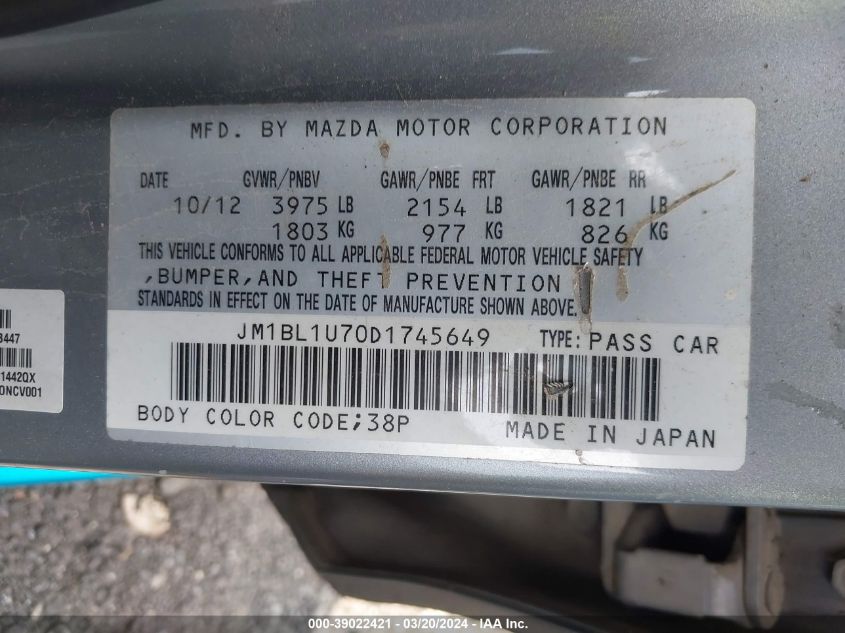 JM1BL1U70D1745649 | 2013 MAZDA MAZDA3