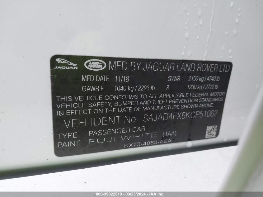 2019 Jaguar Xe 25T Premium VIN: SAJAD4FX6KCP51062 Lot: 39022519