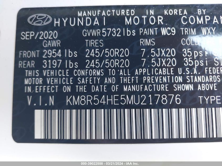 2021 Hyundai Palisade Limited VIN: KM8R54HE5MU217876 Lot: 39022558