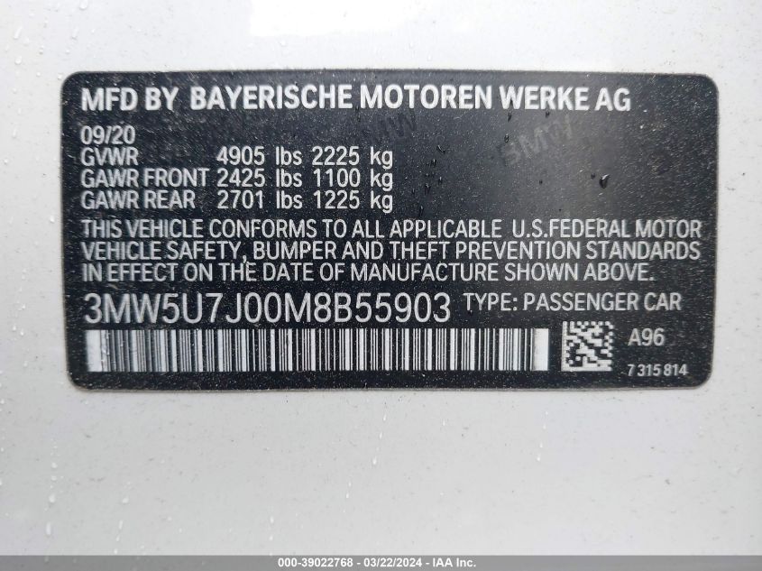 3MW5U7J00M8B55903 2021 BMW 3 Series M340I