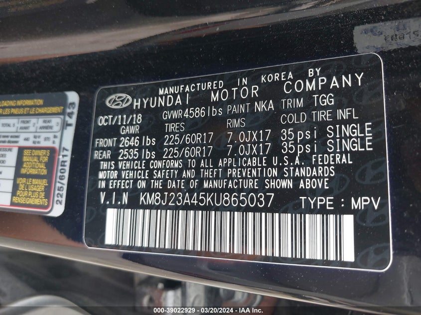 2019 HYUNDAI TUCSON VIN: KM8J23A45KU865037