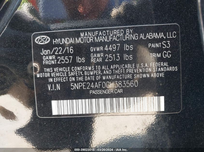 2016 HYUNDAI SONATA SE - 5NPE24AF0GH383560