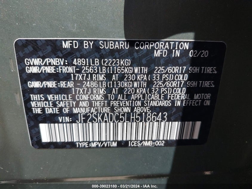 VIN JF2SKADC5LH518643 2020 SUBARU FORESTER
