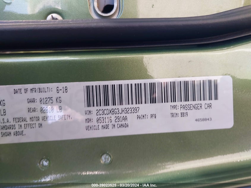 VIN 2C3CDXBG3JH323397 2018 DODGE CHARGER SXT RWD