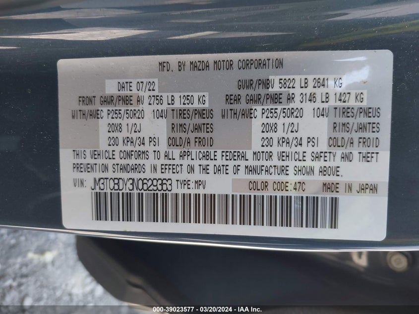 VIN JM3TCBDY3N0629363 2022 MAZDA CX-9 CARBON EDITION