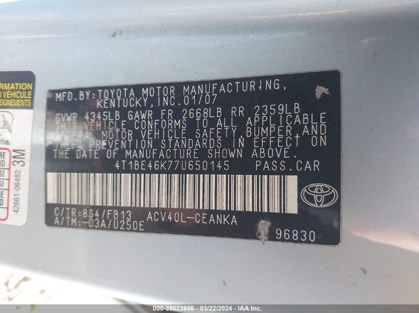 4T1BE46K77U650145 2007 Toyota Camry Ce/Le/Se/Xle