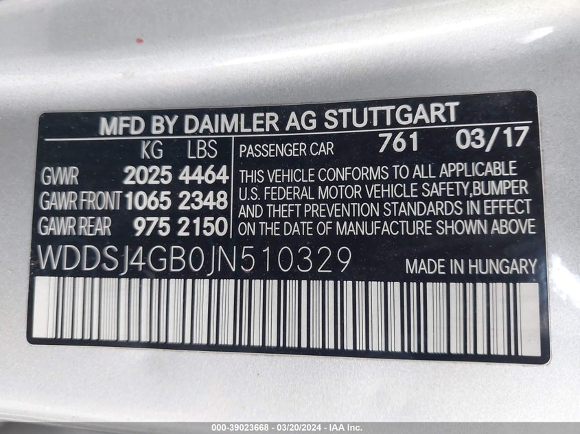 2018 MERCEDES-BENZ CLA 250 VIN: WDDSJ4GB0JN510329