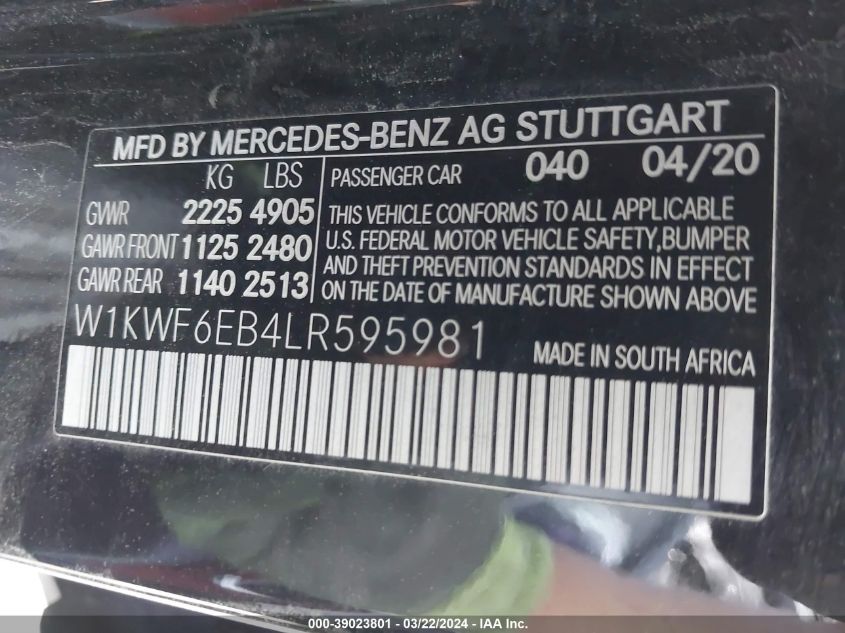 2020 Mercedes-Benz Amg C 43 4Matic VIN: W1KWF6EB4LR595981 Lot: 39023801