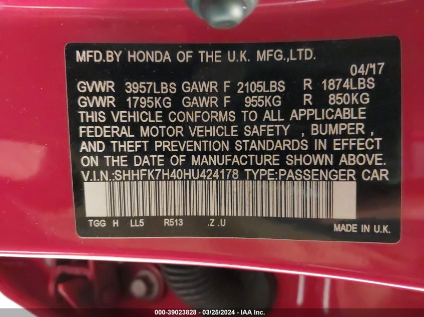 SHHFK7H40HU424178 2017 Honda Civic Sport