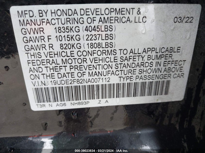 2022 ACURA ILX 2.4L I-4 DI, DOHC, V(VIN: 19UDE2F82NA007112