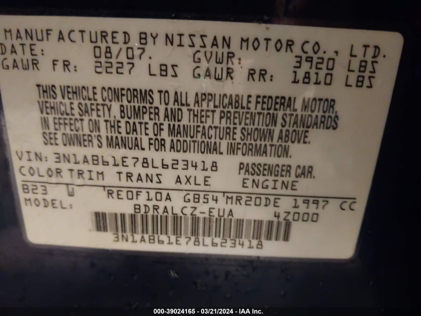 2008 Nissan Sentra 2.0 VIN: 3N1AB61E78L623418 Lot: 39024165