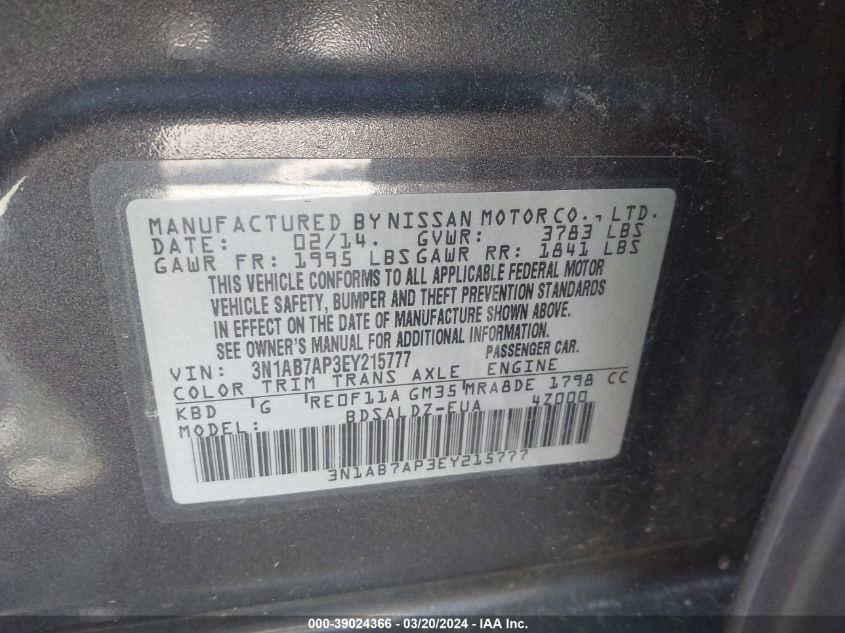 3N1AB7AP3EY215777 | 2014 NISSAN SENTRA