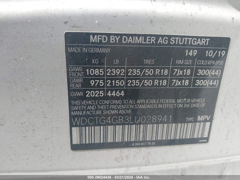 2020 MERCEDES-BENZ GLA 250 4MATIC VIN: WDCTG4GB3LU028941