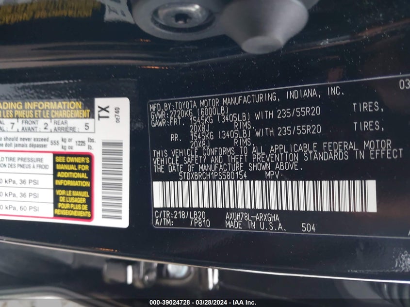 2023 TOYOTA HIGHLANDER VIN: 5TDXBRCH1PS580154