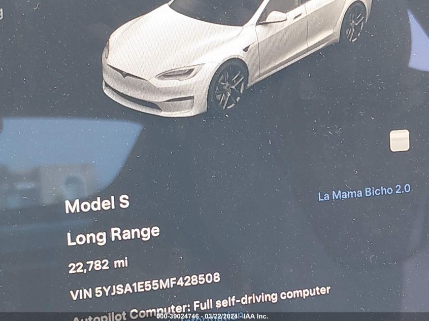 2021 Tesla Model S Long Range Dual Motor All-Wheel Drive VIN: 5YJSA1E55MF428508 Lot: 39024746