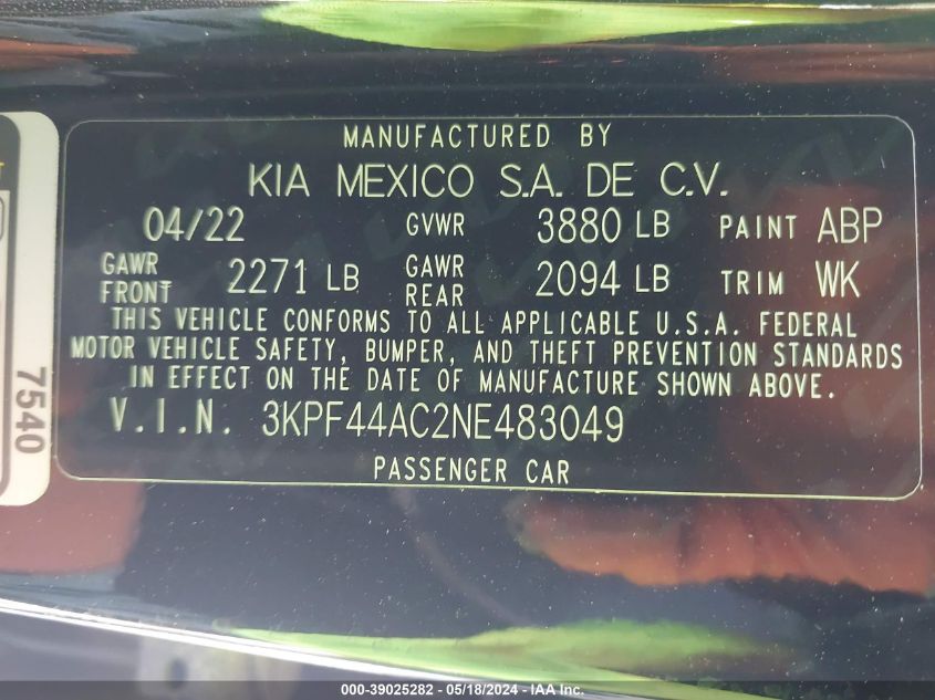 2022 Kia Forte Gt Manual VIN: 3KPF44AC2NE483049 Lot: 39025282