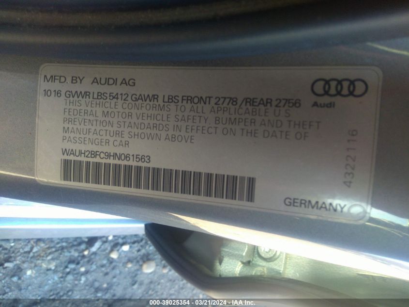 WAUH2BFC9HN061563 2017 Audi A6 3.0T Premium Plus