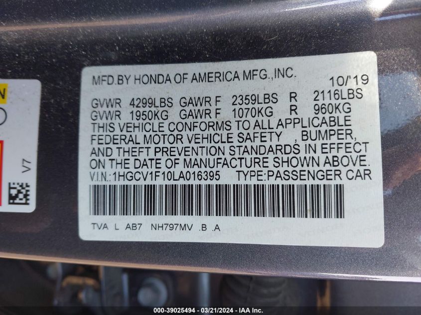 1HGCV1F10LA016395 | 2020 HONDA ACCORD