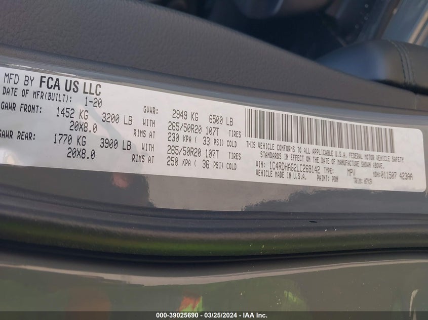 2020 DODGE DURANGO SXT PLUS RWD - 1C4RDHAG2LC269142