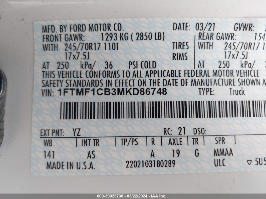 2021 FORD F150 3.3L V6 FI DOHC 24V (VIN: 1FTMF1CB3MKD86748