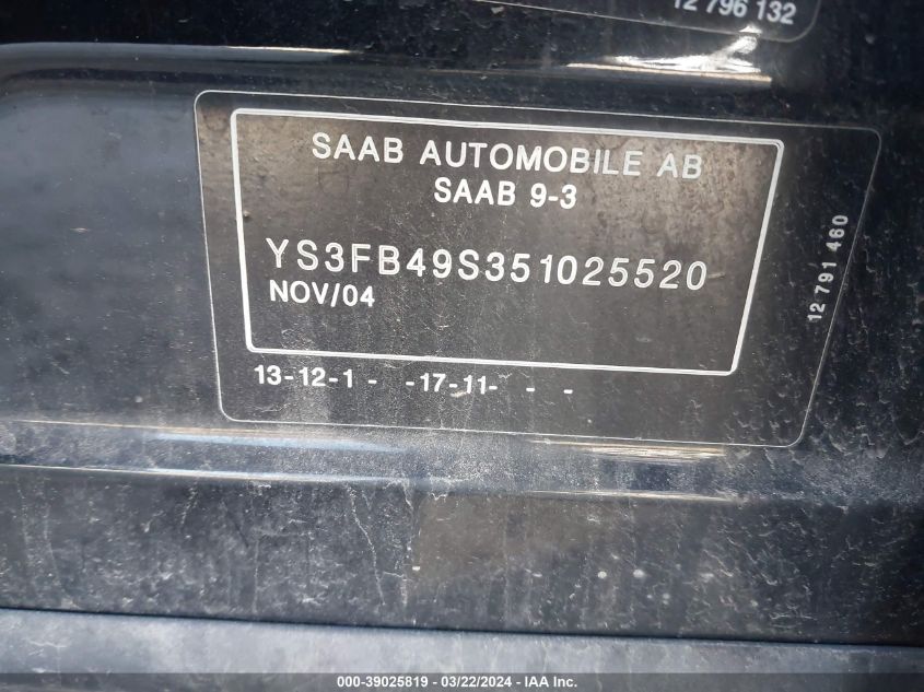 YS3FB49S351025520 | 2005 SAAB 9-3